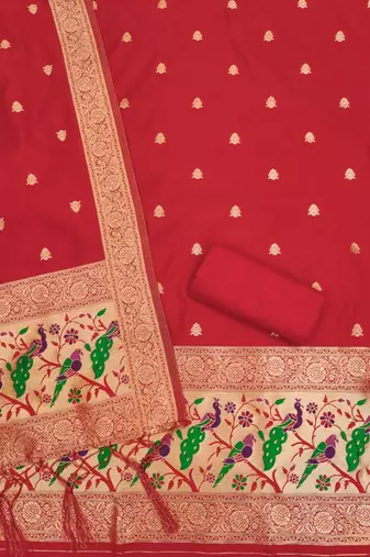 Red floral woven banarasi silk dress material