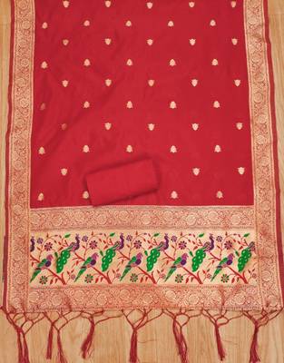 Red floral woven banarasi silk dress material 3