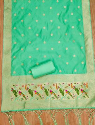 Sea green floral woven banarasi silk dress material 4