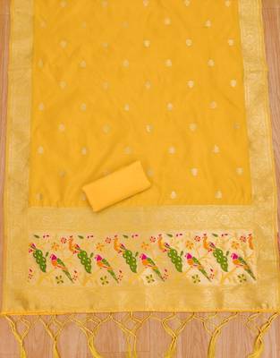 Yellow floral woven banarasi silk dress material 4