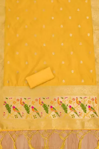 Yellow floral woven banarasi silk dress material