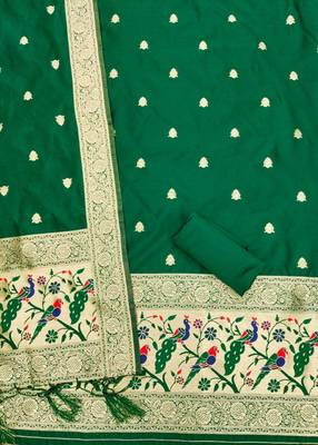 Bottle green floral woven banarasi silk dress material 3