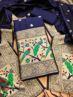 Blue floral woven banarasi silk dress material 1
