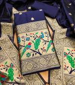 Blue floral woven banarasi silk dress material