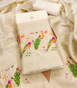 Off white floral woven banarasi silk dress material