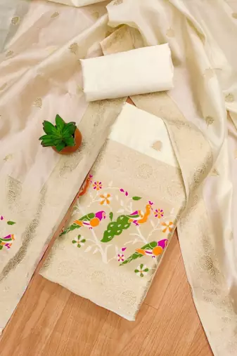 Off white floral woven banarasi silk dress material