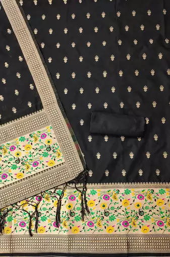 Black floral woven banarasi silk dress material