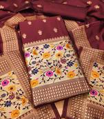 Maroon floral woven banarasi silk dress material