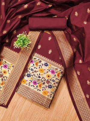 Maroon floral woven banarasi silk dress material 2