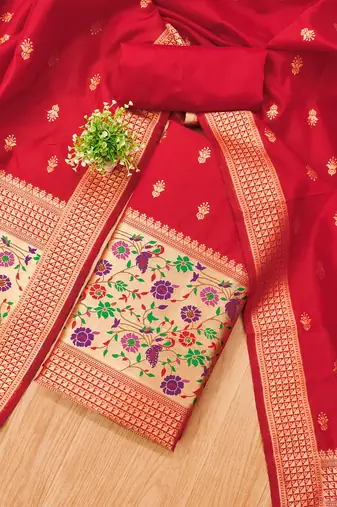 Red floral woven banarasi silk dress material