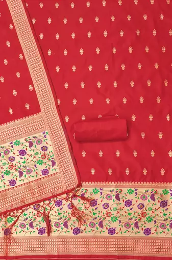 Red floral woven banarasi silk dress material