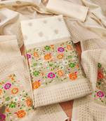 Off white floral woven banarasi silk dress material