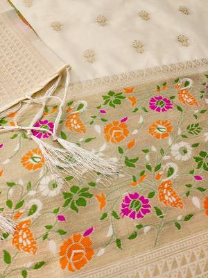 Off white floral woven banarasi silk dress material 4