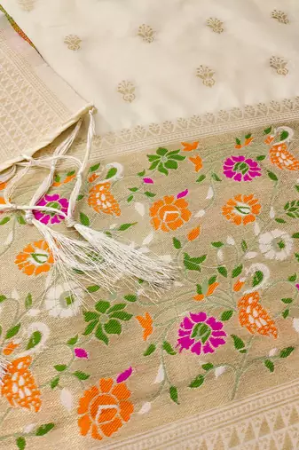 Off white floral woven banarasi silk dress material