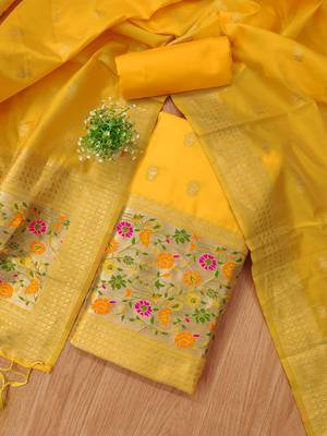 Yellow floral woven banarasi silk dress material 2
