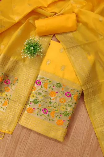 Yellow floral woven banarasi silk dress material