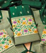 Bottle green floral woven banarasi silk dress material