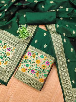 Bottle green floral woven banarasi silk dress material 2