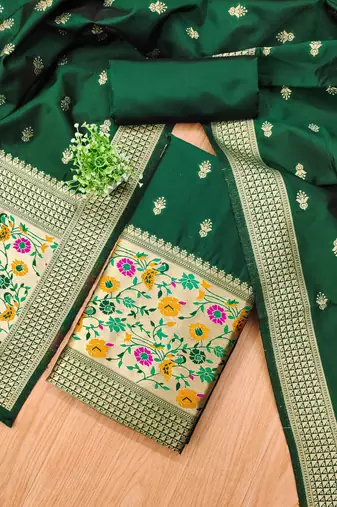 Bottle green floral woven banarasi silk dress material