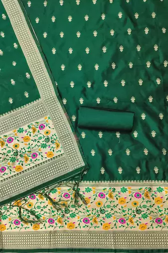 Bottle green floral woven banarasi silk dress material