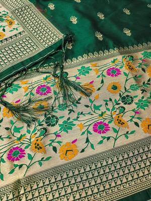 Bottle green floral woven banarasi silk dress material 4