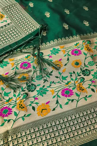 Bottle green floral woven banarasi silk dress material