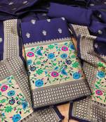 Blue floral woven banarasi silk dress material