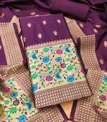 Wine floral woven banarasi silk dress material