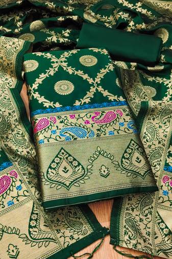 Bottle green floral woven banarasi silk dress material