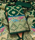 Bottle green floral woven banarasi silk dress material