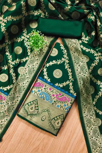 Bottle green floral woven banarasi silk dress material