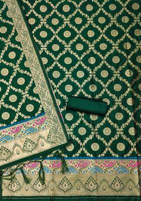 Bottle green floral woven banarasi silk dress material 3