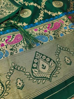 Bottle green floral woven banarasi silk dress material 4