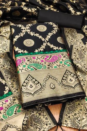Black floral woven banarasi silk dress material
