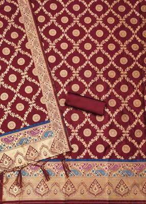Maroon floral woven banarasi silk dress material 3