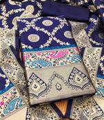 Blue floral woven banarasi silk dress material