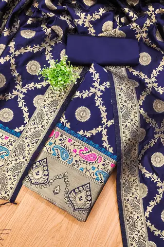 Blue floral woven banarasi silk dress material