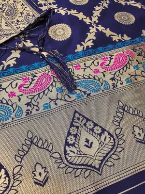 Blue floral woven banarasi silk dress material 4