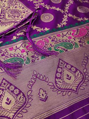 Purple floral woven banarasi silk dress material 4