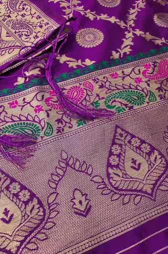 Purple floral woven banarasi silk dress material