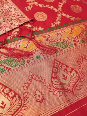 Red floral woven banarasi silk dress material 4