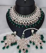 Royal green kundan & pearl bridal jewelry set-luxury choker necklace earrings & maang tikka-ethnic wedding & party wear