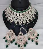 Royal green kundan & pearl bridal jewelry set-statement choker necklace earrings & maang tikka-wedding & festive wear