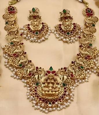 Traditional lakshmi temple necklace set – gold-plated bridal jewelry with pearls & kemp stones 1