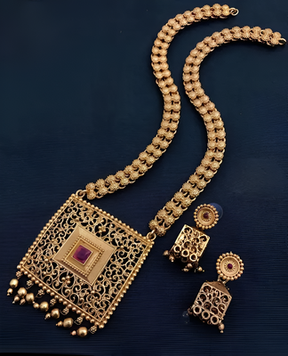 Antique gold-plated filigree necklace set – traditional long haram with ruby accent 1