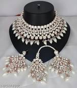 Elegant white kundan & pearl bridal set-luxury choker necklace earrings & maang tikka-ethnic wedding & party wear