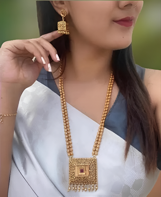 Antique gold-plated filigree necklace set – traditional long haram with ruby accent 2