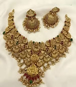 Bridal temple jewelry set – gold-plated goddess lakshmi necklace with jhumkas