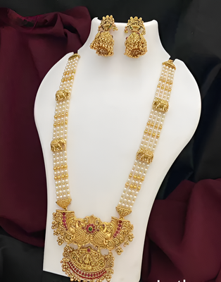 Traditional pearl & gold temple necklace set – lakshmi design bridal jewelry 1