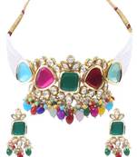 Elegant multi gold indian kundan choker necklace and earring set